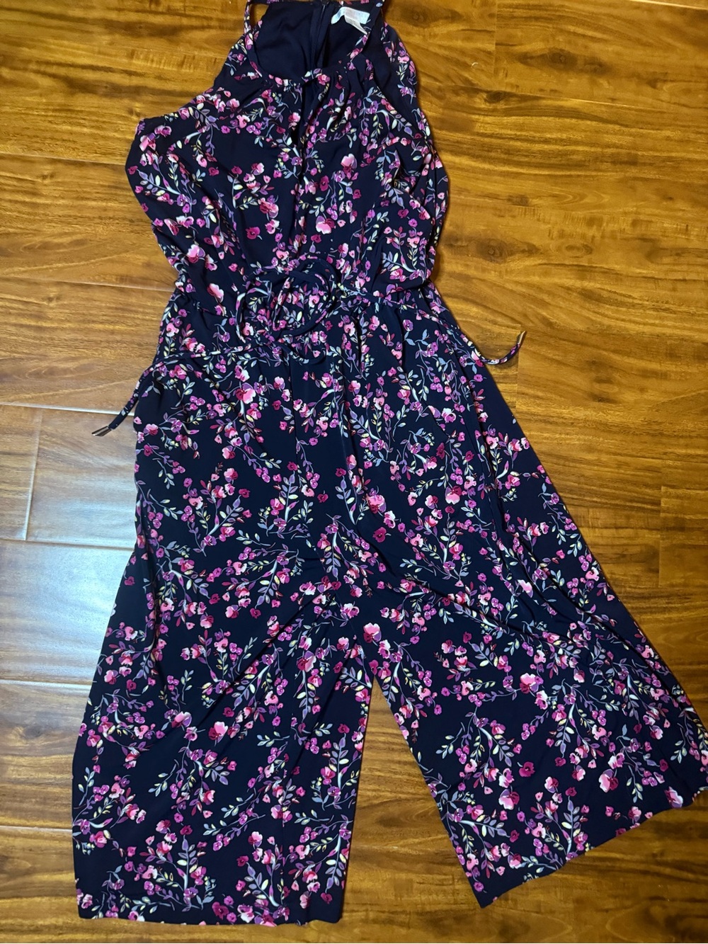 London Times Navy Jumpsuit with Pink Floral Print